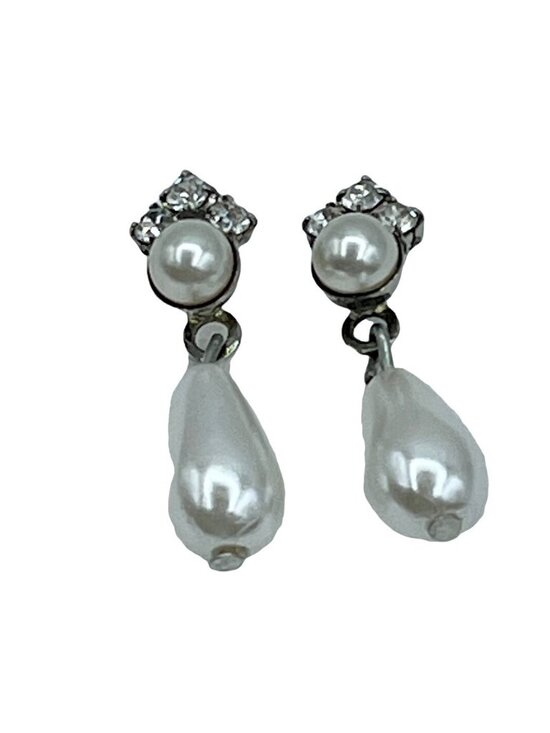 Cinerama Jewelry - Teardrop Pearl Crystals Dangle Earrings Silver Tone Vintage Signed Cinerama USA